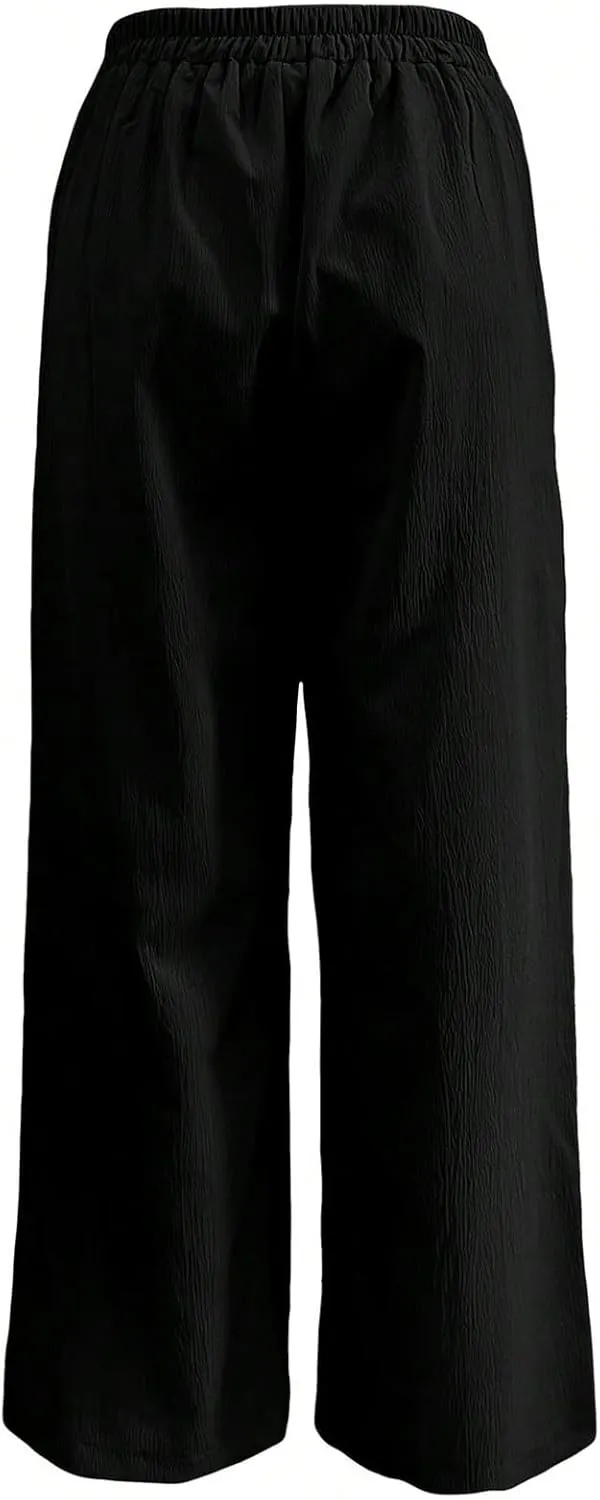Women's Button Detail Wide Leg Long Palazzo Pants Business Work Office Pants Elastic High Waist Trousers with Pockets