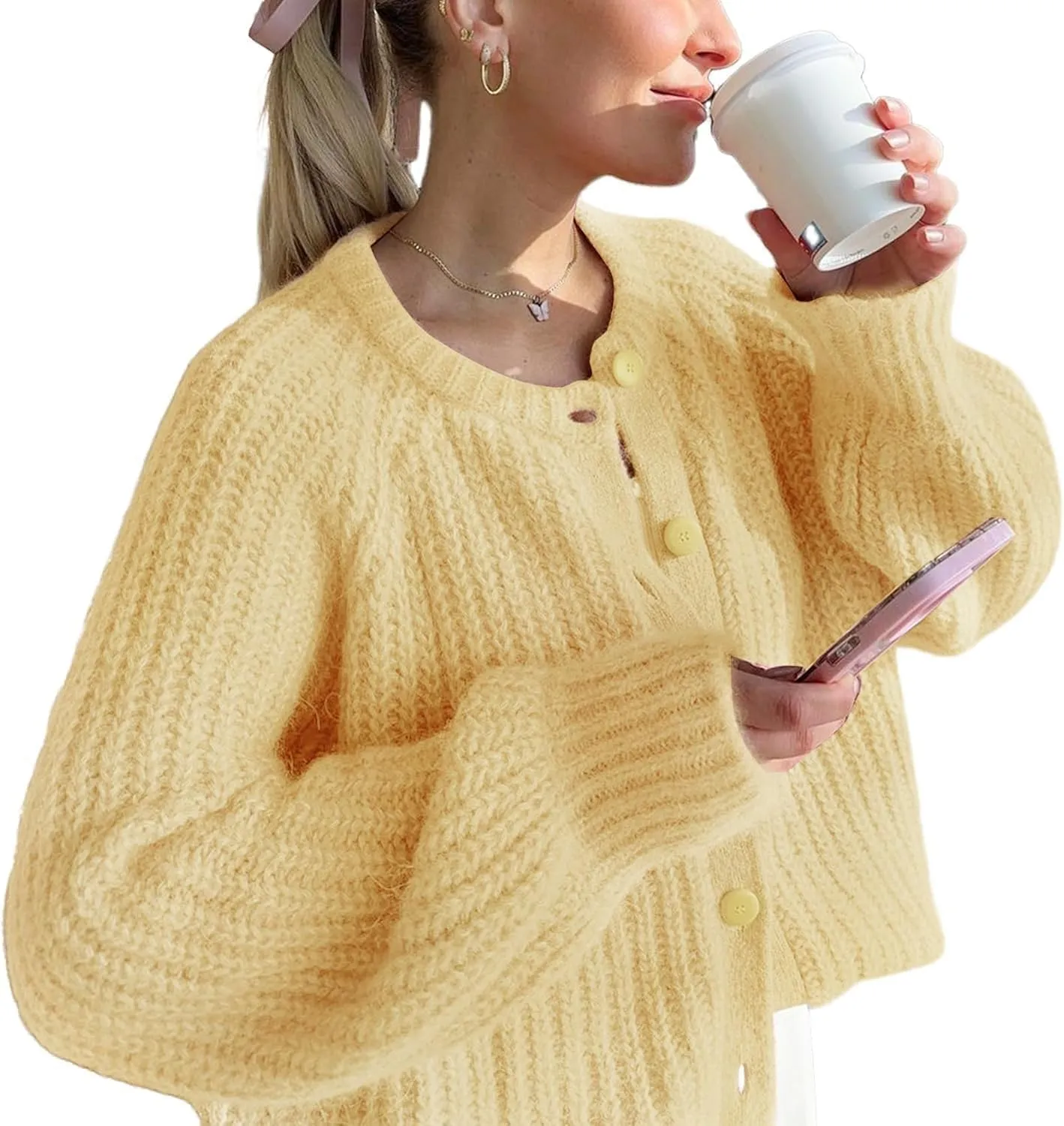 Womens Cardigan Sweater Long Sleeve Button Y2K Chunky Soft Knit Sweater Casual Open Front Outwear Knitwear Coat