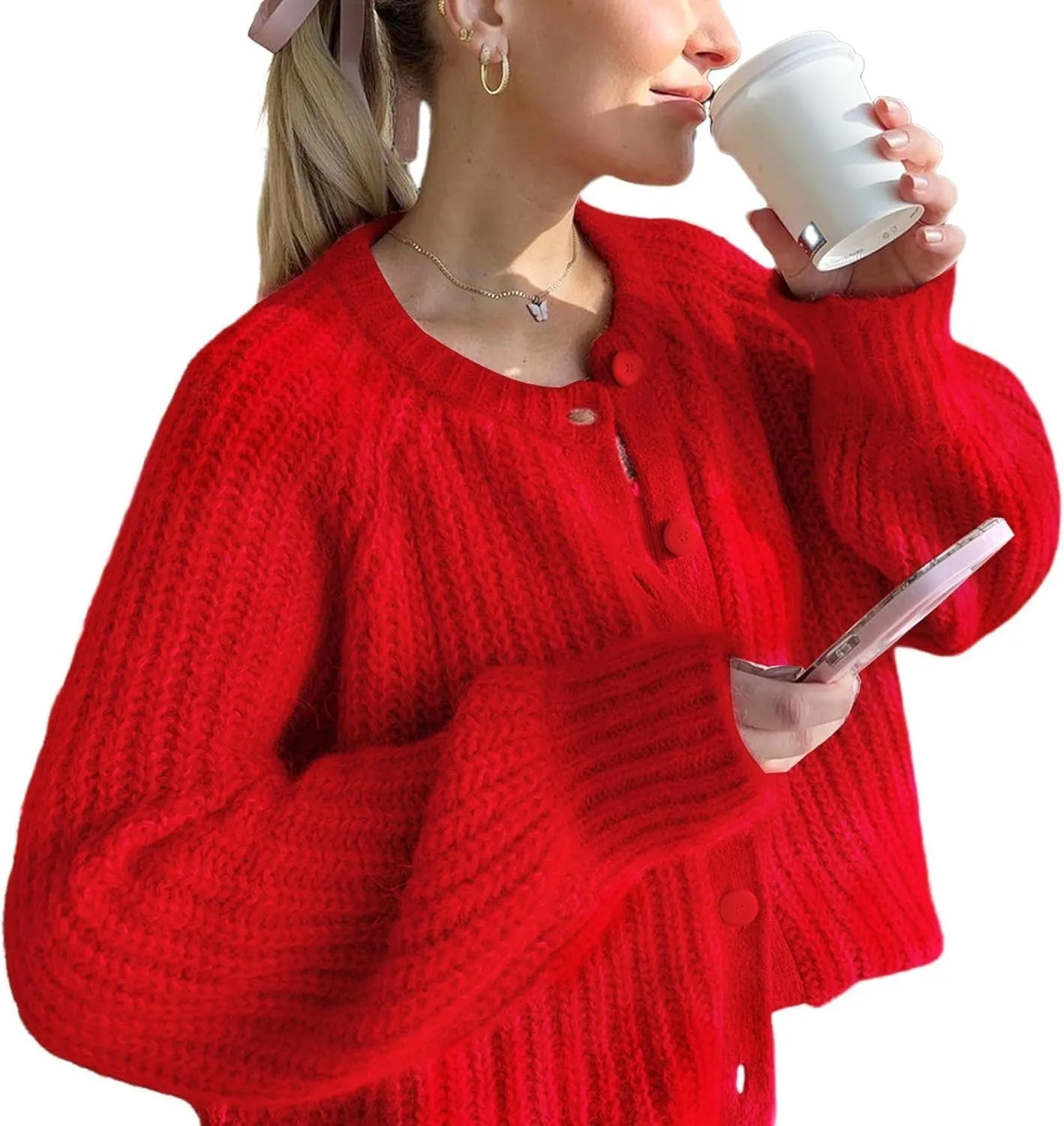 Womens Cardigan Sweater Long Sleeve Button Y2K Chunky Soft Knit Sweater Casual Open Front Outwear Knitwear Coat