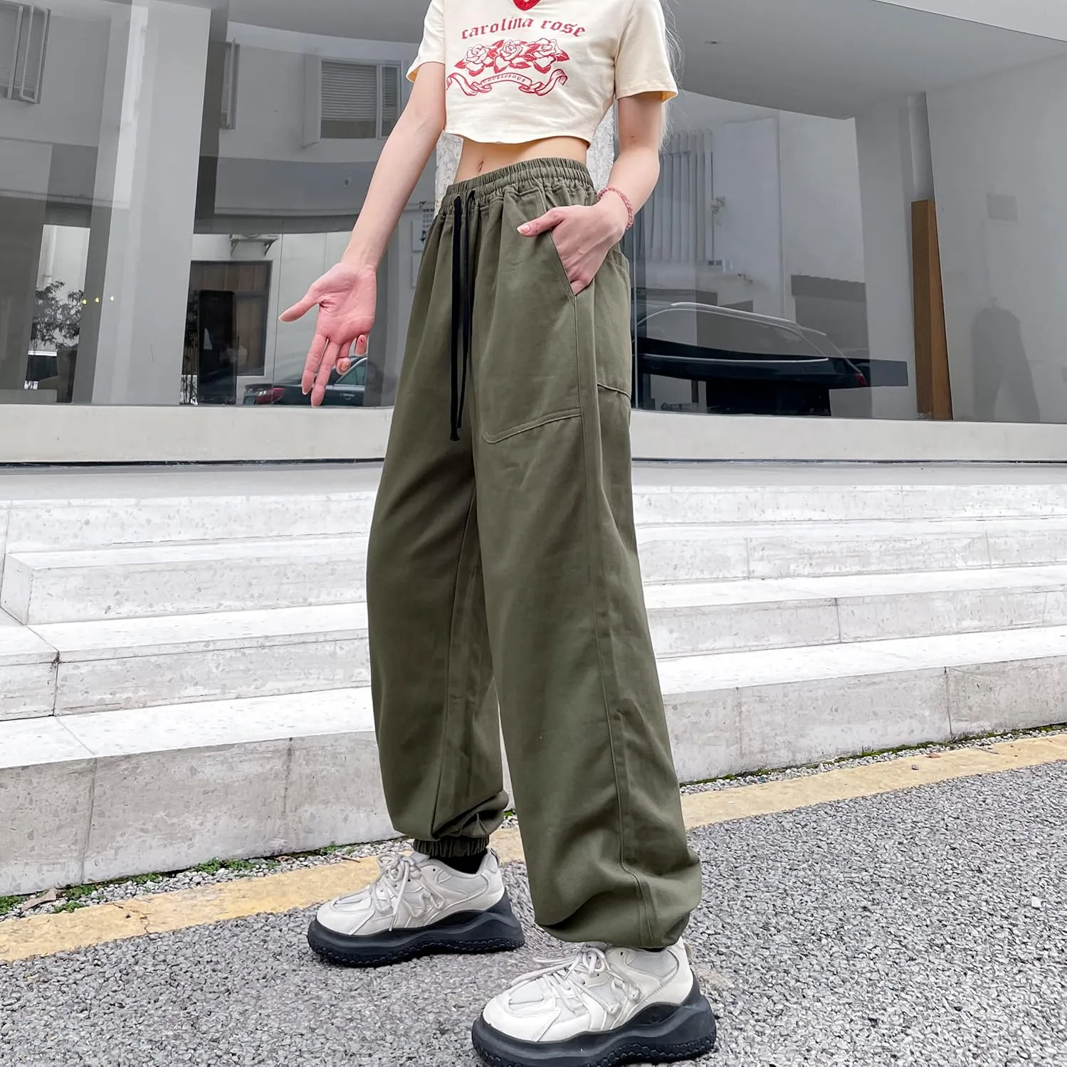 Women's Cargo Joggers Pants Hip Hop Goth Drawstring Elastic Waist Hiking Baggy Jeans for Girls Y2K Fashion