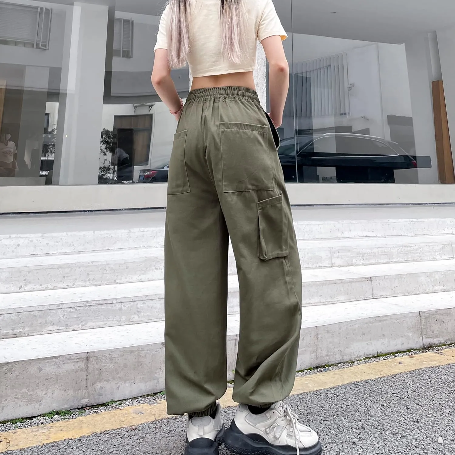 Women's Cargo Joggers Pants Hip Hop Goth Drawstring Elastic Waist Hiking Baggy Jeans for Girls Y2K Fashion