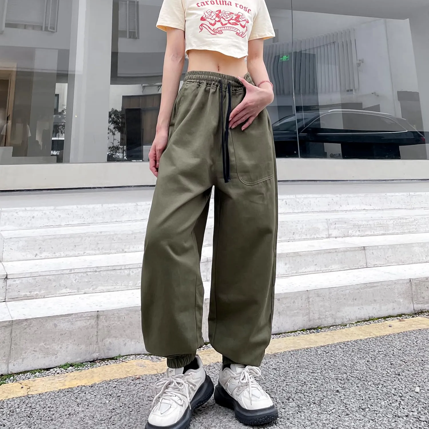 Women's Cargo Joggers Pants Hip Hop Goth Drawstring Elastic Waist Hiking Baggy Jeans for Girls Y2K Fashion