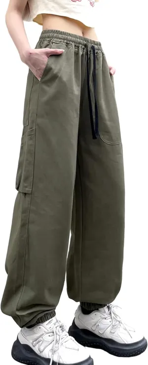 Women's Cargo Joggers Pants Hip Hop Goth Drawstring Elastic Waist Hiking Baggy Jeans for Girls Y2K Fashion