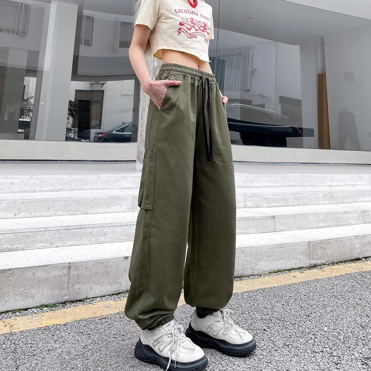 Women's Cargo Joggers Pants Hip Hop Goth Drawstring Elastic Waist Hiking Baggy Jeans for Girls Y2K Fashion