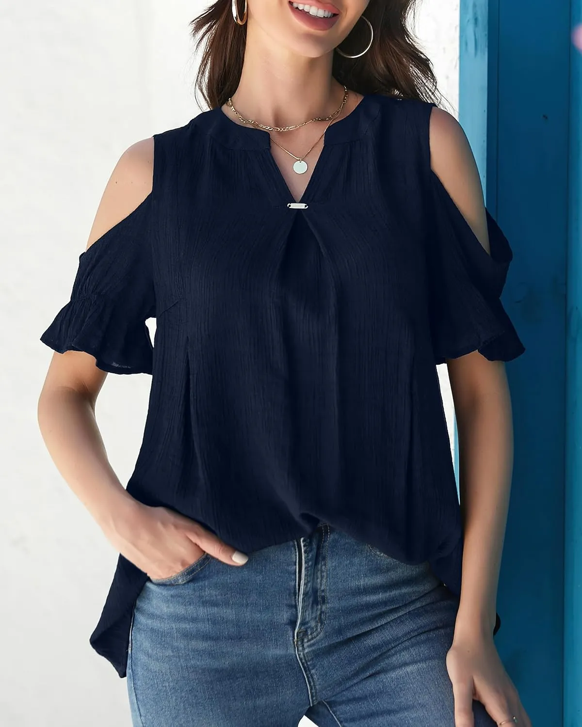 Womens Casual 2025 Tops Cold Shoulder Short Sleeve Blouses V Neck T Shirts