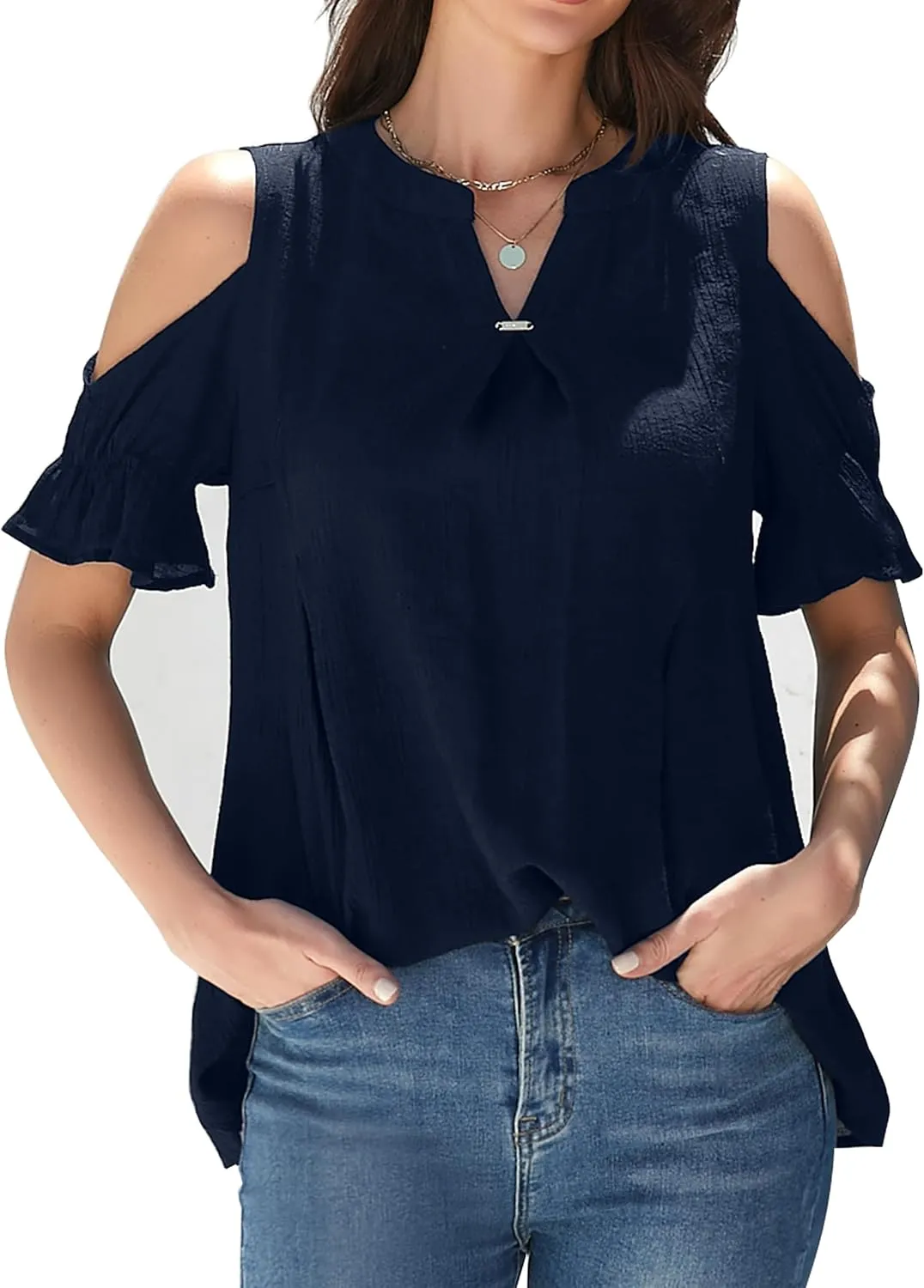 Womens Casual 2025 Tops Cold Shoulder Short Sleeve Blouses V Neck T Shirts