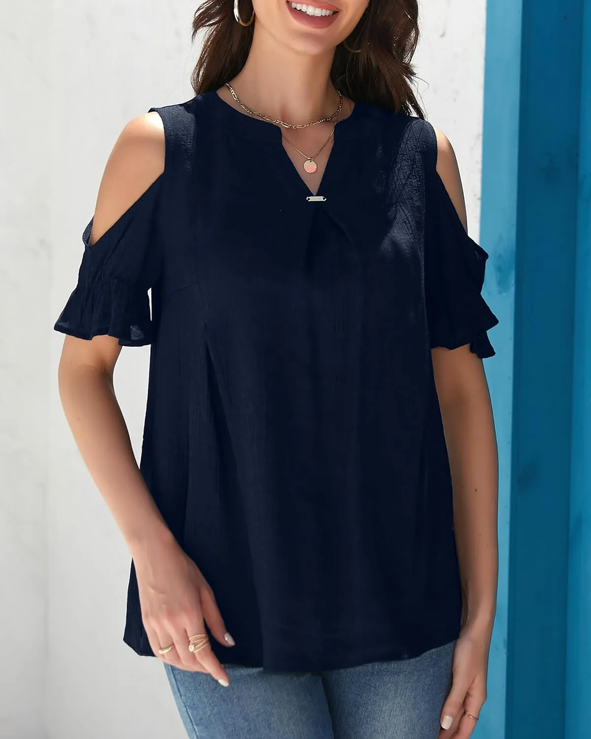 Womens Casual 2025 Tops Cold Shoulder Short Sleeve Blouses V Neck T Shirts