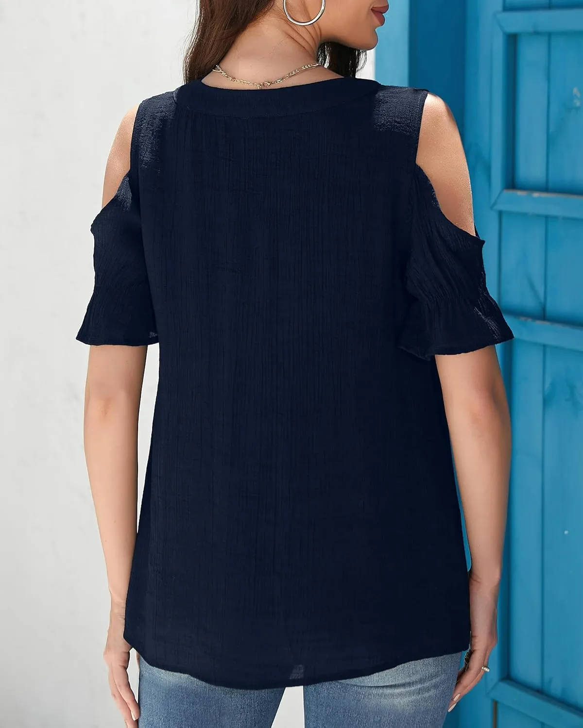 Womens Casual 2025 Tops Cold Shoulder Short Sleeve Blouses V Neck T Shirts