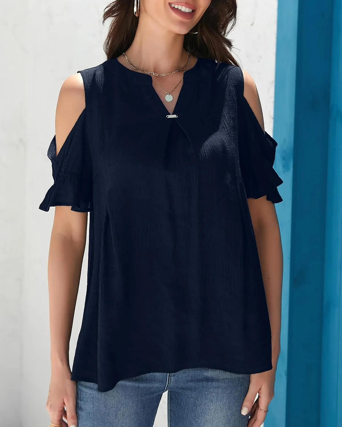 Womens Casual 2025 Tops Cold Shoulder Short Sleeve Blouses V Neck T Shirts