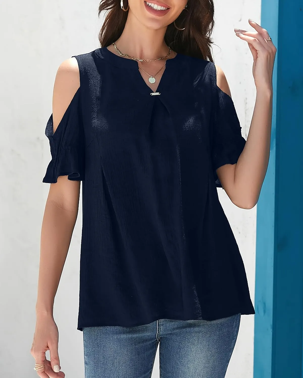 Womens Casual 2025 Tops Cold Shoulder Short Sleeve Blouses V Neck T Shirts