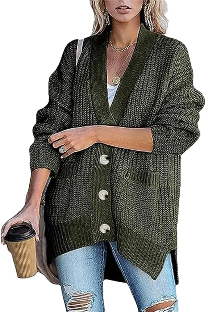 Womens Casual Cardigan Sweaters Button Down Open Front Chunky Knit Oversized Cardigans with Pockets