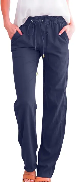 Womens Casual Cotton Linen Pants Lightweight Summer Relax Fit Elastic Waist Plus Size Solid Lounge Long Trousers