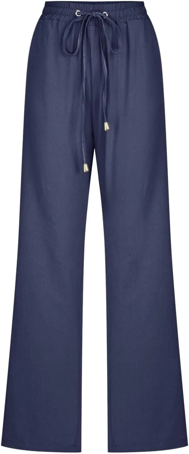 Womens Casual Cotton Linen Pants Lightweight Summer Relax Fit Elastic Waist Plus Size Solid Lounge Long Trousers