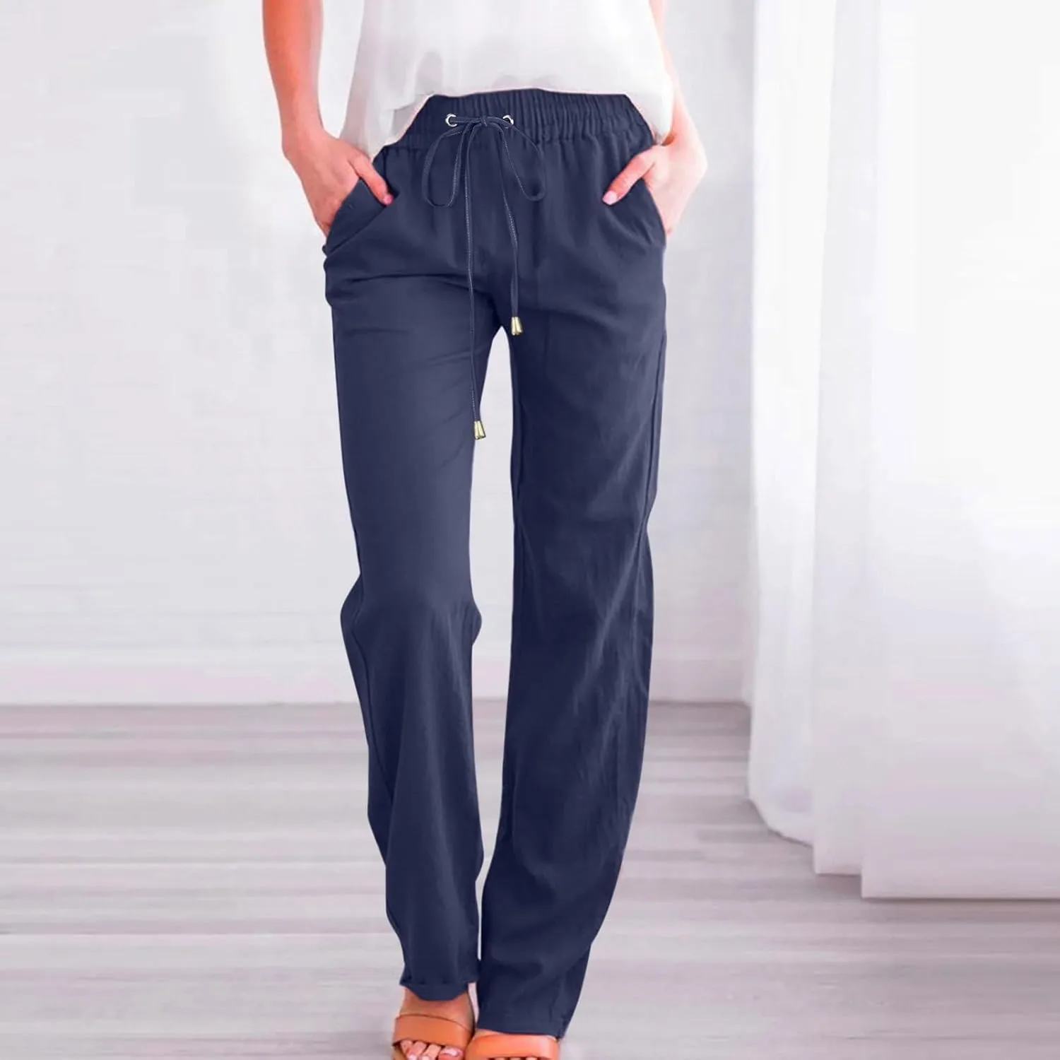 Womens Casual Cotton Linen Pants Lightweight Summer Relax Fit Elastic Waist Plus Size Solid Lounge Long Trousers
