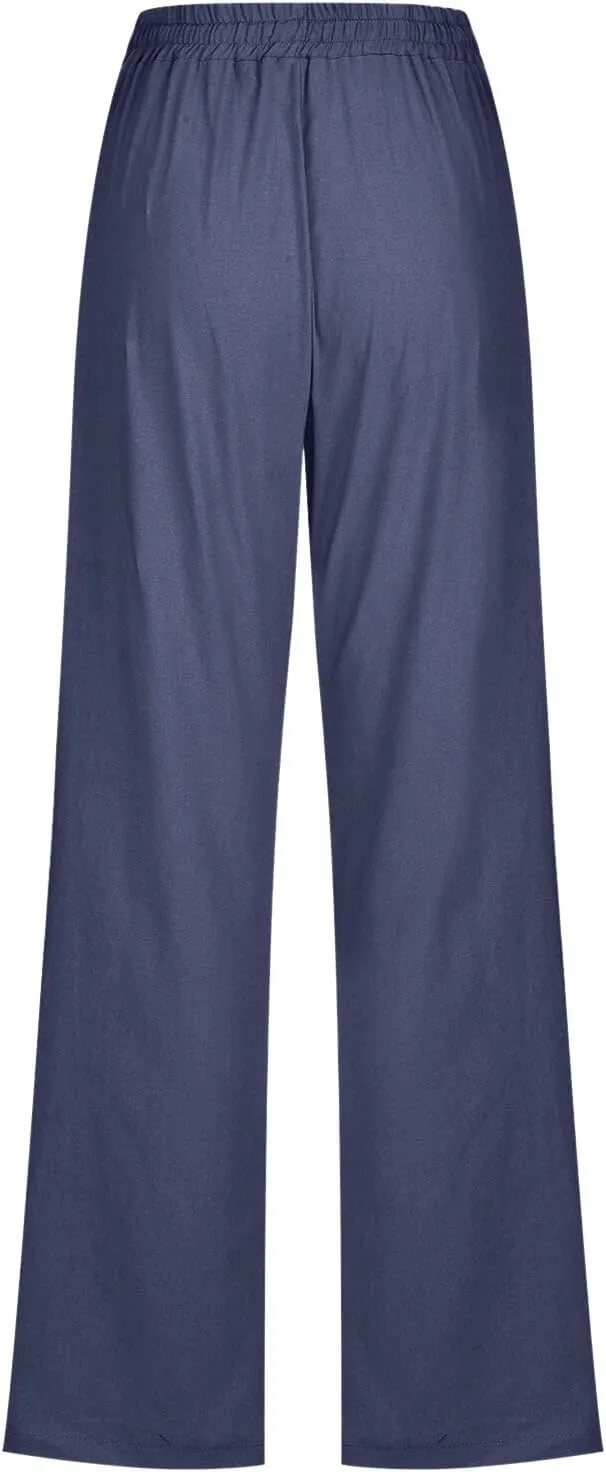 Womens Casual Cotton Linen Pants Lightweight Summer Relax Fit Elastic Waist Plus Size Solid Lounge Long Trousers
