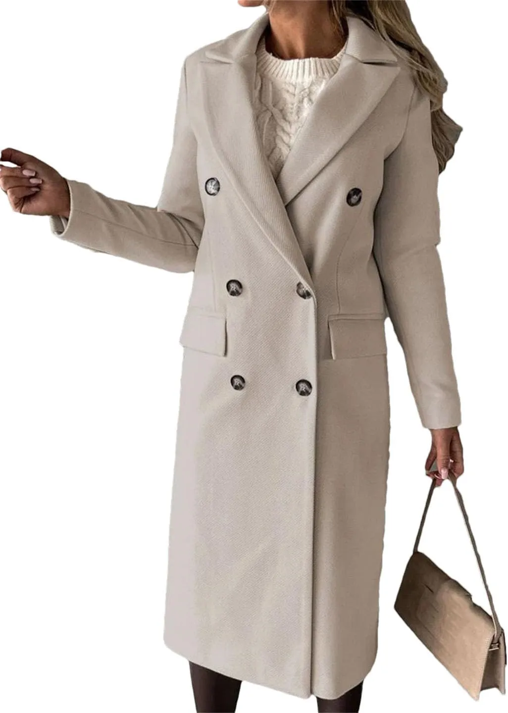 Women's Casual Long Sleeve Coat Wool Blend LApel Double Breasted Warm Mid-Length Coat Jacket
