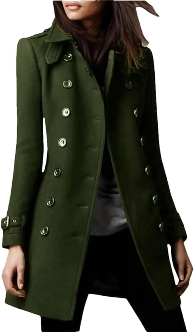 Women's CLAssic Long Wool Blend Coat Double Breasted LApel RagLAn Sleeve Parka Jacket