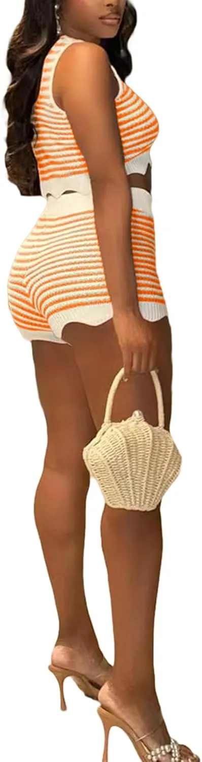 Womens Color Block Knit 2 Piece Sets Striped Sleeveless Tank Top and Shorts Lounge Set