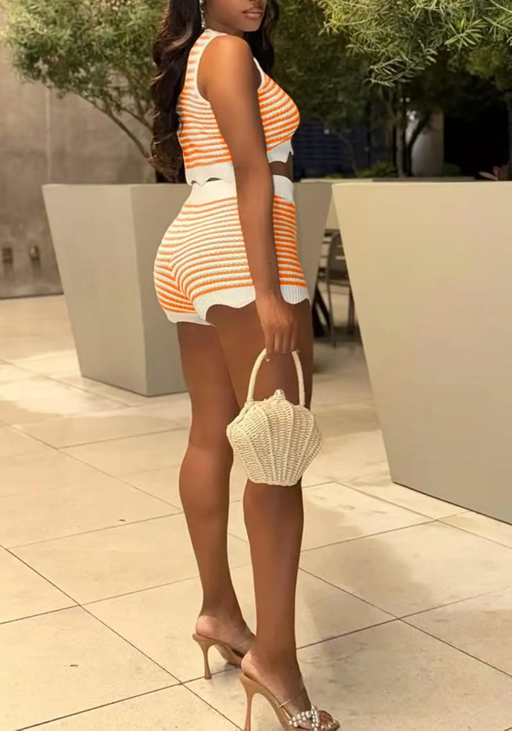 Womens Color Block Knit 2 Piece Sets Striped Sleeveless Tank Top and Shorts Lounge Set