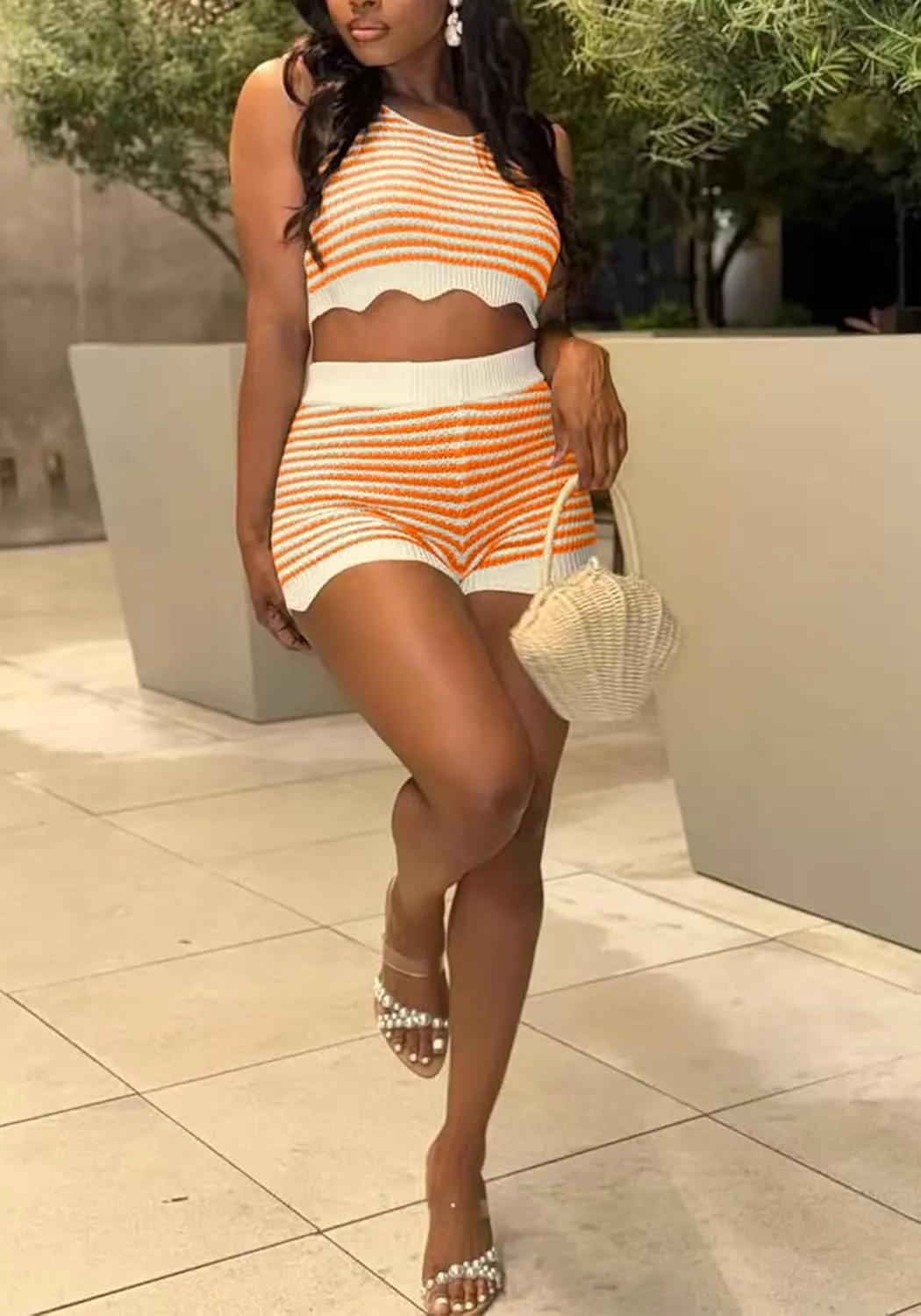 Womens Color Block Knit 2 Piece Sets Striped Sleeveless Tank Top and Shorts Lounge Set