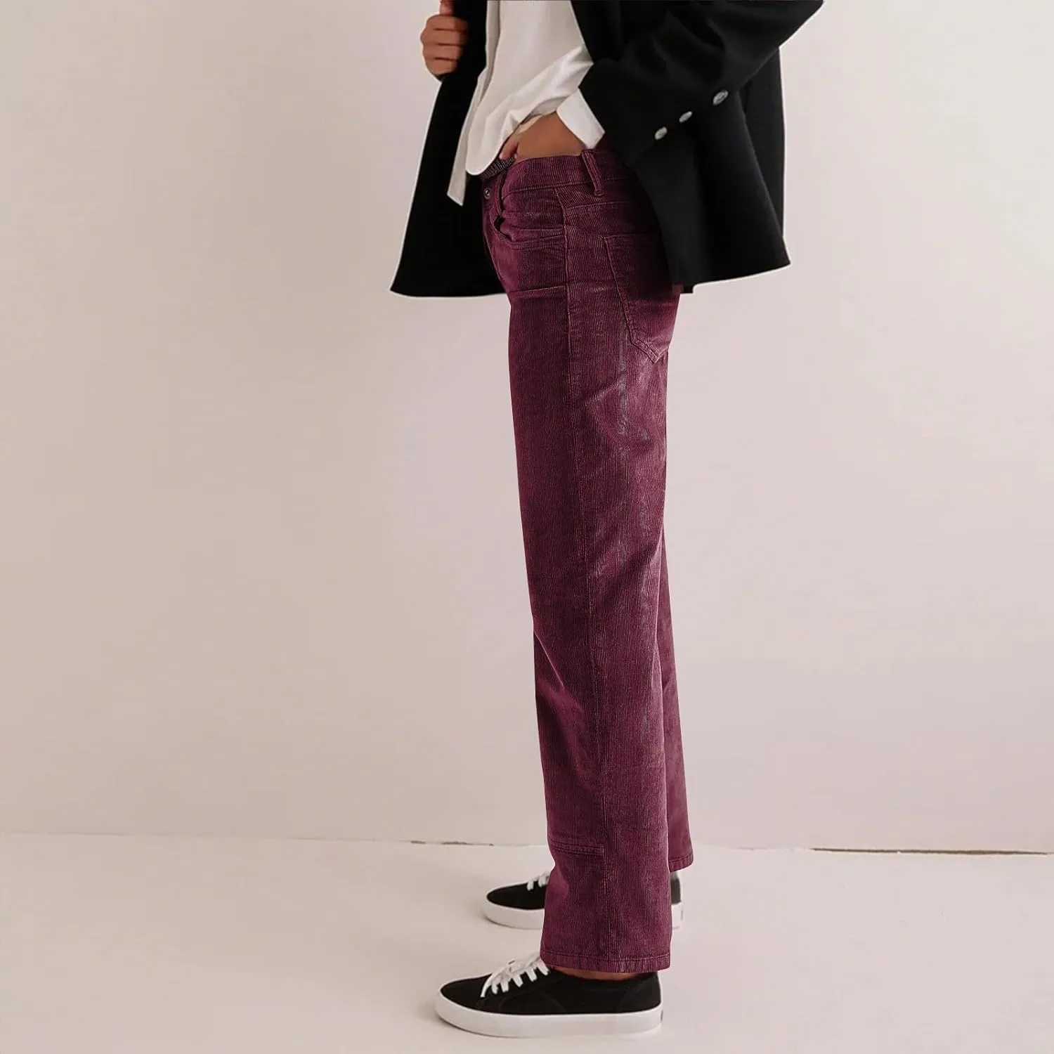 Womens Corduroy Pants Loose Mid Rise Pant Spring Fall Casual Straight Comfy Trousers with Pockets