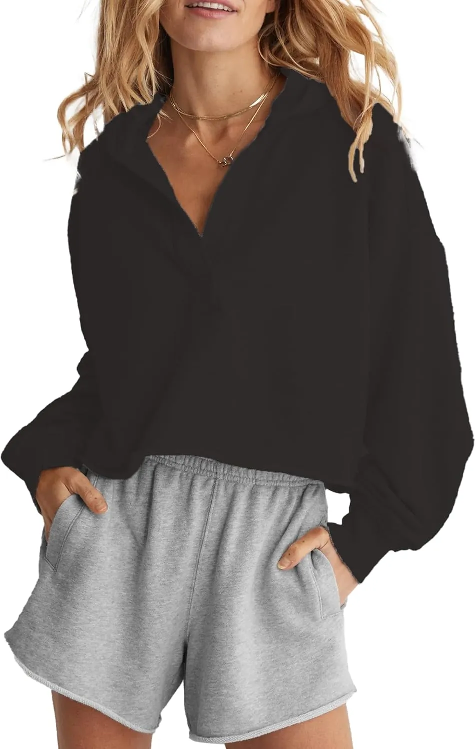 Womens Cropped Hoodies Long Sleeve V Neck Ripped Pullover Sweatshirts with Hooded Casual Crop Tops Trendy 2025