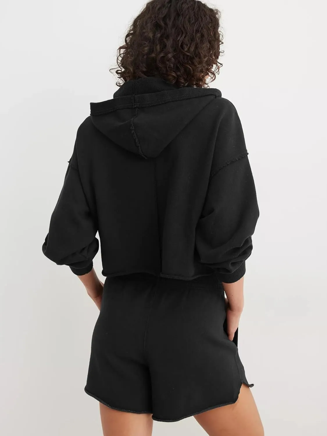 Womens Cropped Hoodies Long Sleeve V Neck Ripped Pullover Sweatshirts with Hooded Casual Crop Tops Trendy 2025