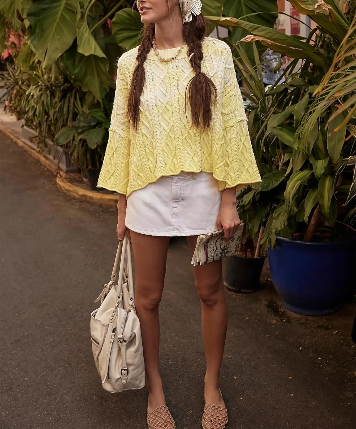 Womens Cropped Sweaters Crewneck 3/4 Sleeve Oversized Sweater Tie Dye Casual Y2k Lightweight Knit Tops Summer Pullover