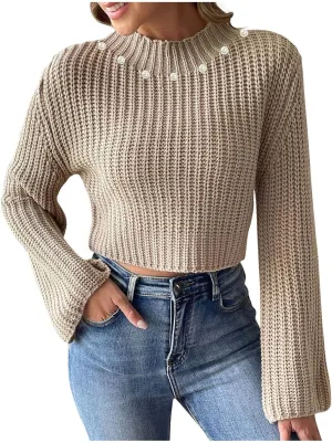 Womens Cropped Sweaters Long Sleeve Turtleneck Ribbed Knit Pullover Sweater Tops Loose Casual Outfits Fashion 2024