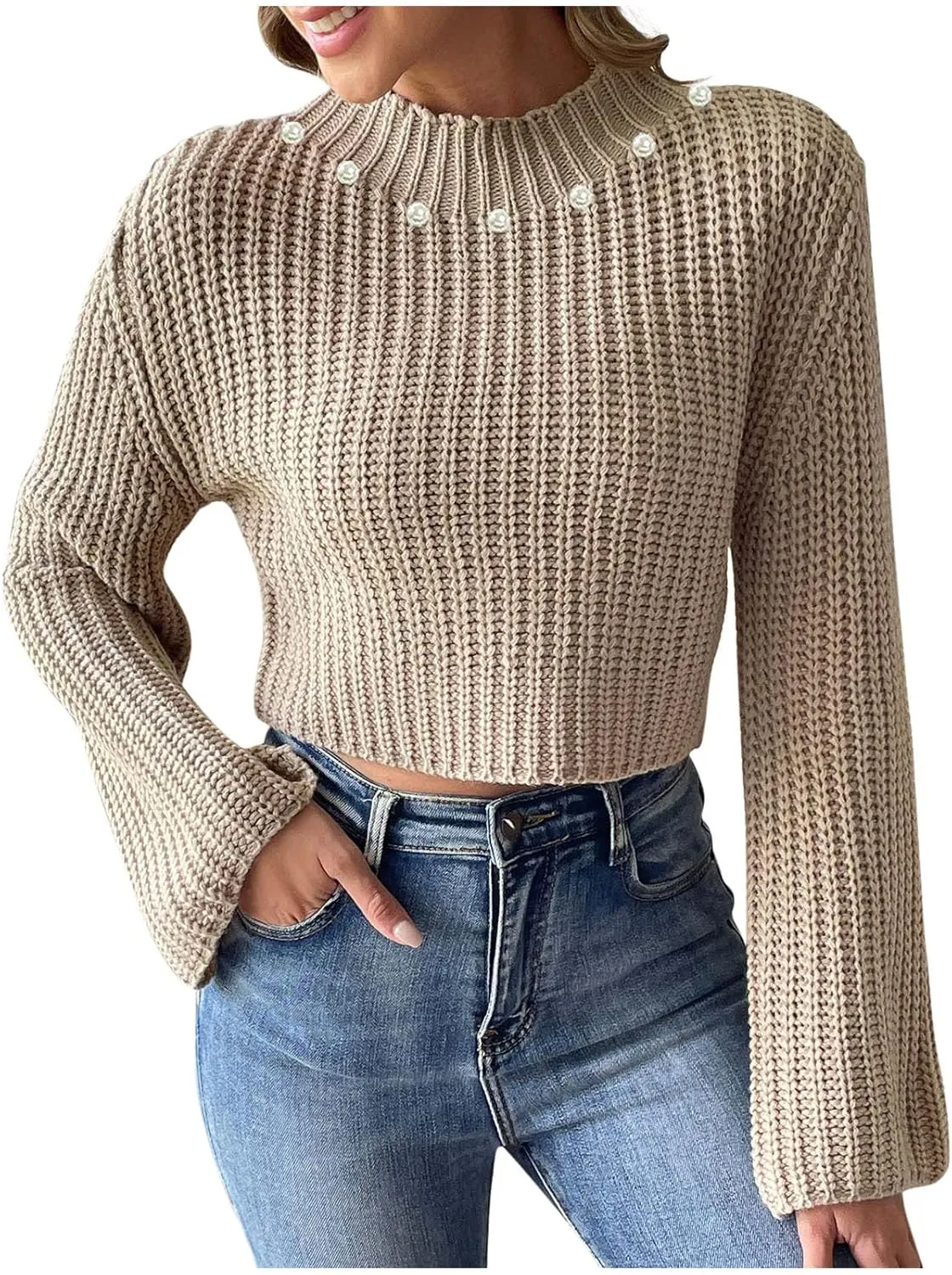 Womens Cropped Sweaters Long Sleeve Turtleneck Ribbed Knit Pullover Sweater Tops Loose Casual Outfits Fashion 2024
