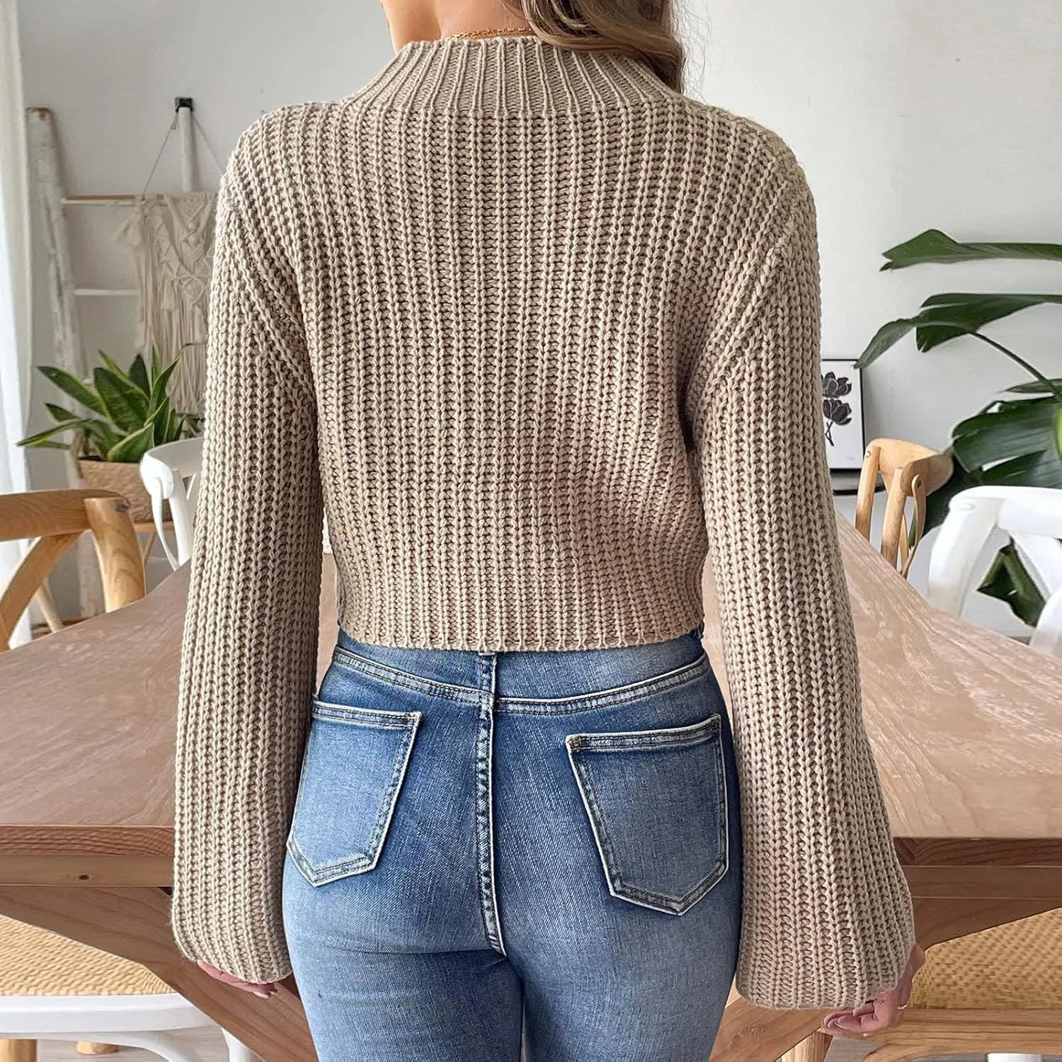 Womens Cropped Sweaters Long Sleeve Turtleneck Ribbed Knit Pullover Sweater Tops Loose Casual Outfits Fashion 2024