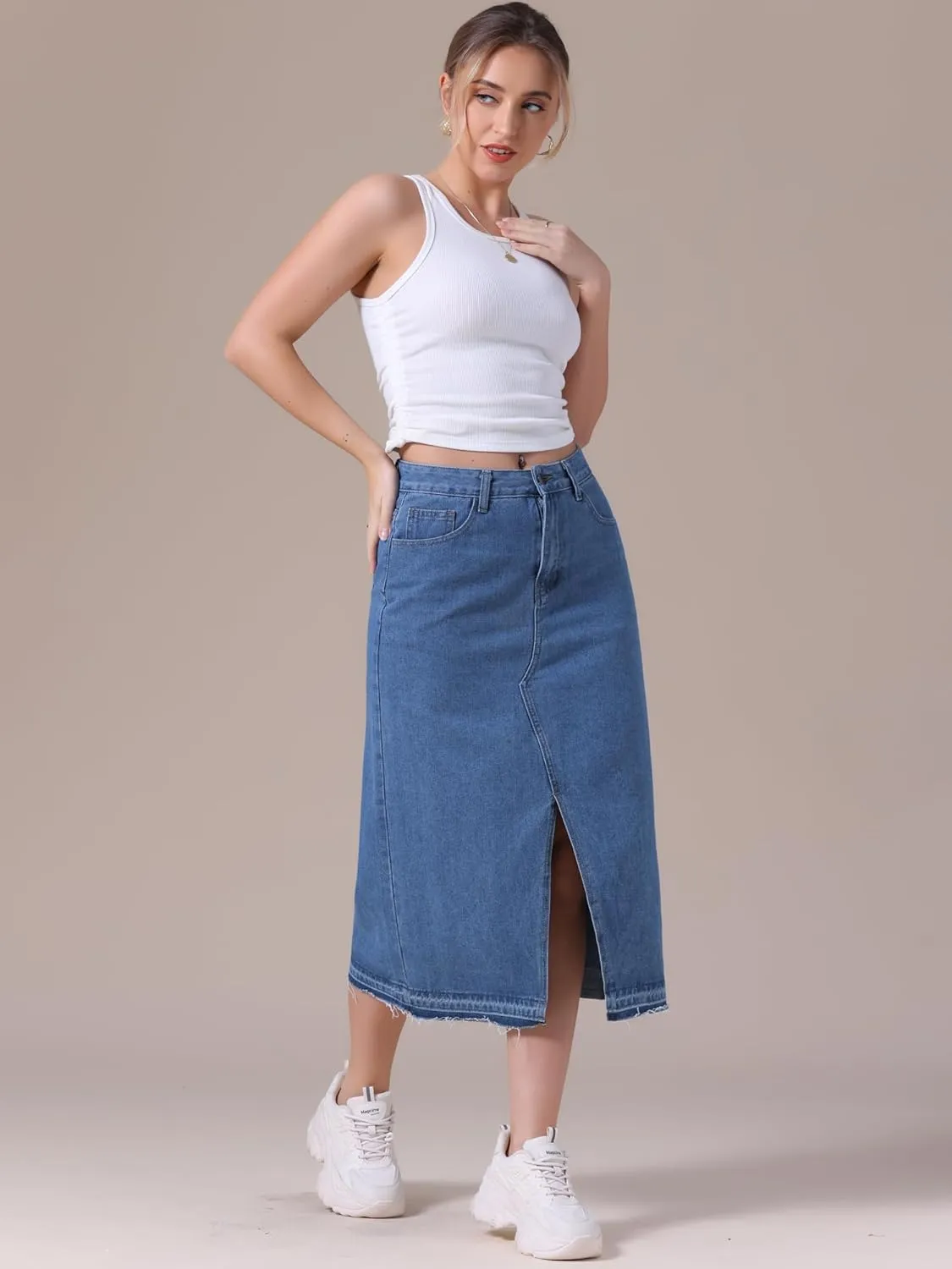 Women's Denim Skirt High Waist Front Slit Raw Trim Hem Pencil Skirt with Pockets Midi Jean Skirts