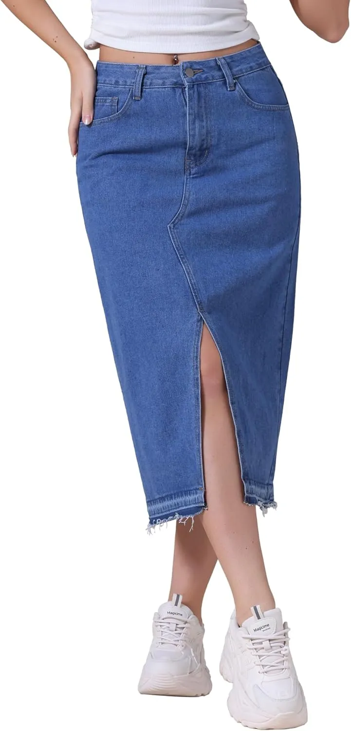 Women's Denim Skirt High Waist Front Slit Raw Trim Hem Pencil Skirt with Pockets Midi Jean Skirts