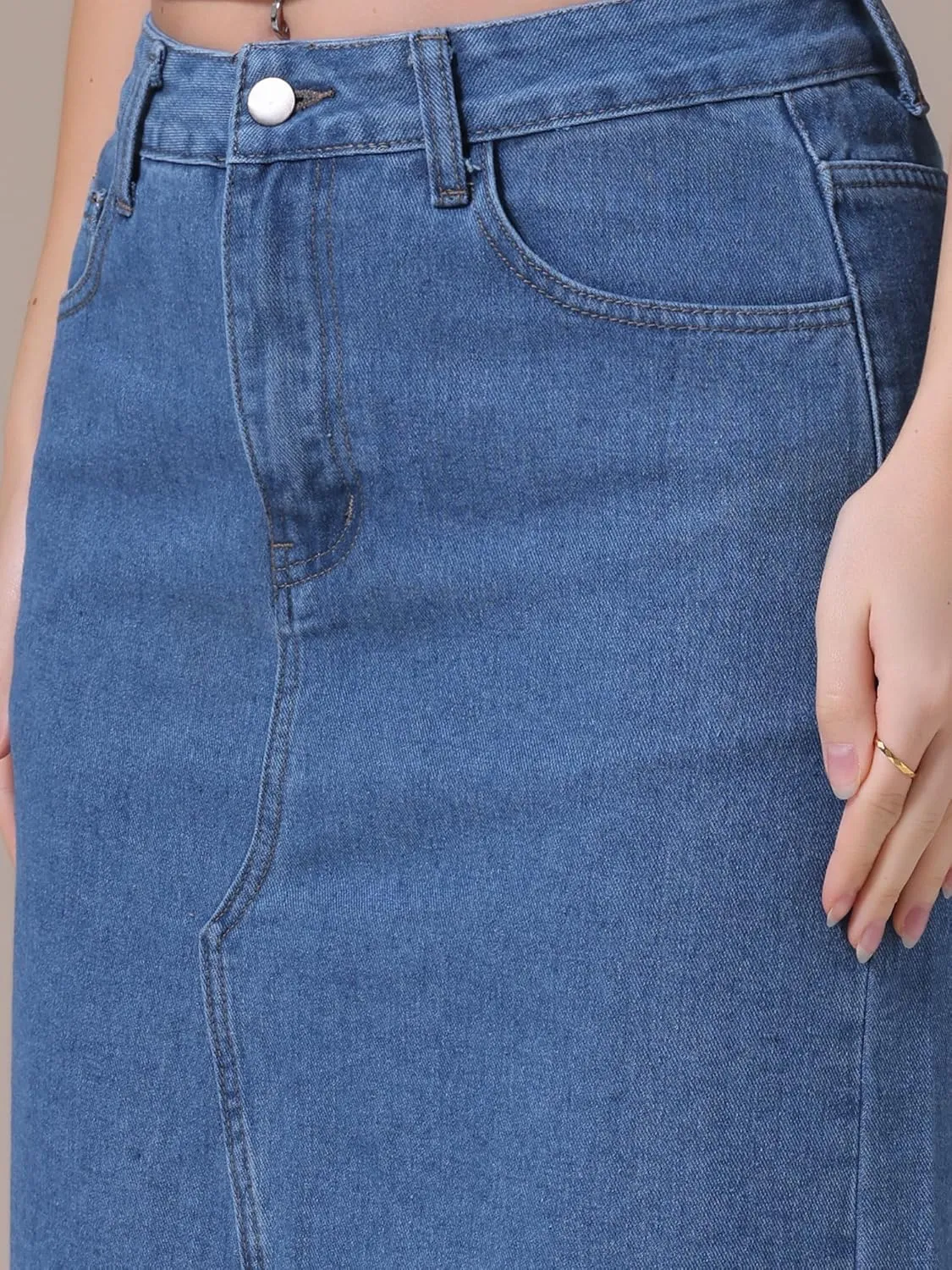 Women's Denim Skirt High Waist Front Slit Raw Trim Hem Pencil Skirt with Pockets Midi Jean Skirts