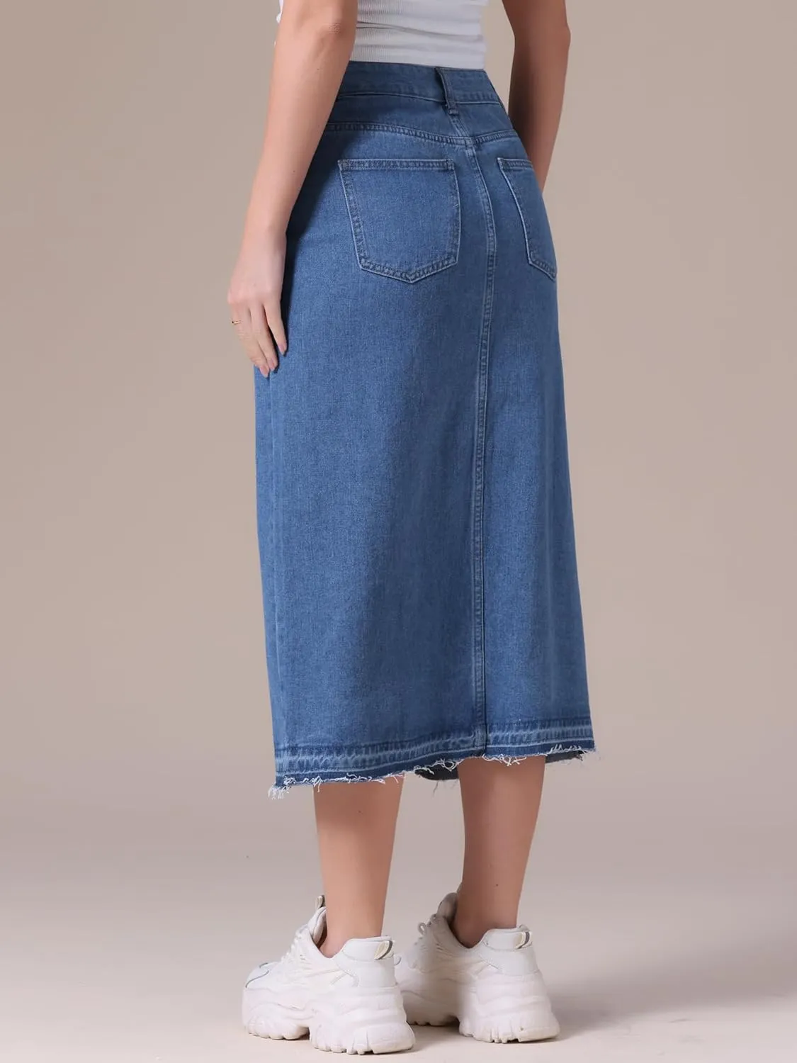 Women's Denim Skirt High Waist Front Slit Raw Trim Hem Pencil Skirt with Pockets Midi Jean Skirts