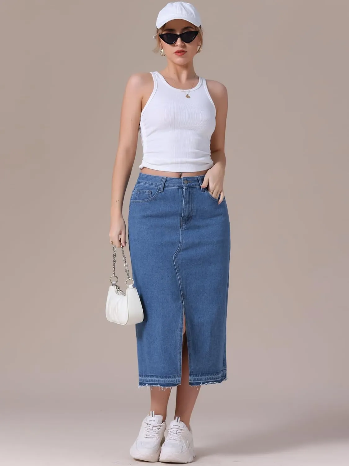Women's Denim Skirt High Waist Front Slit Raw Trim Hem Pencil Skirt with Pockets Midi Jean Skirts