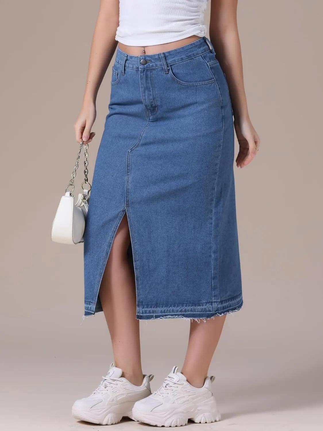 Women's Denim Skirt High Waist Front Slit Raw Trim Hem Pencil Skirt with Pockets Midi Jean Skirts