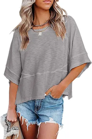 Women's Fashion Casual T Shirt Round Collar 3/4 Sleeve Plain Color Tees Summer Tops Blouses