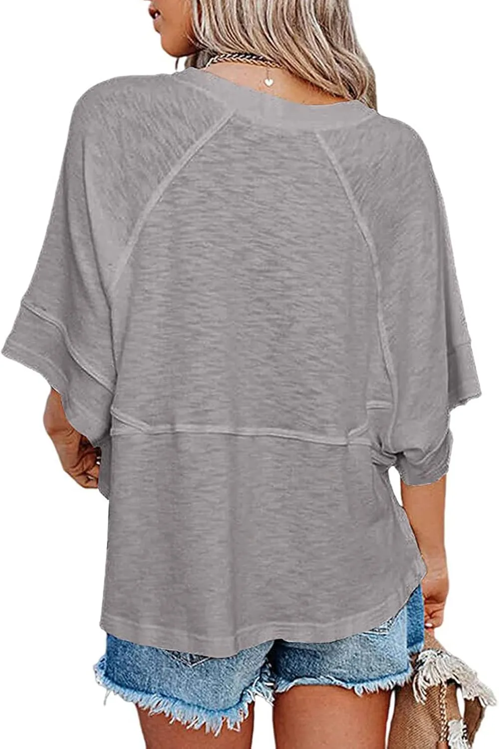 Women's Fashion Casual T Shirt Round Collar 3/4 Sleeve Plain Color Tees Summer Tops Blouses