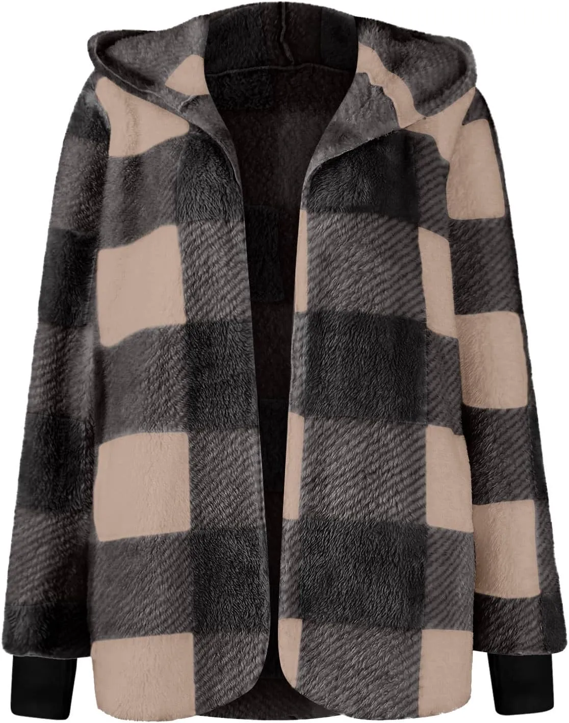 Womens Fleece Sherpa Jackets Winter Warm Plush Hooded Jackets Casual Plaid Long Sleeve Cardigan Outerwear