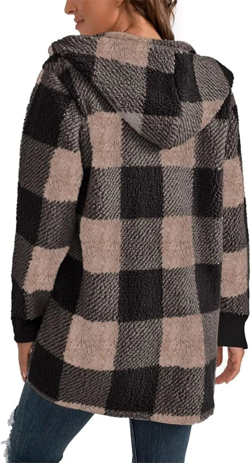 Womens Fleece Sherpa Jackets Winter Warm Plush Hooded Jackets Casual Plaid Long Sleeve Cardigan Outerwear