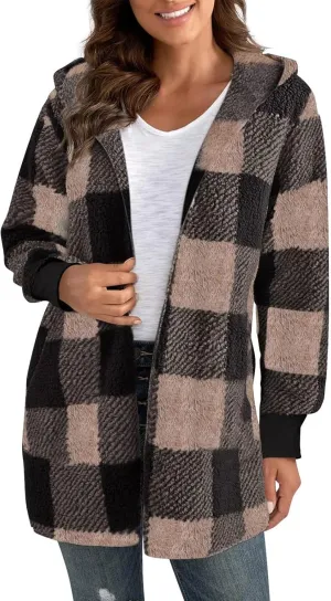Womens Fleece Sherpa Jackets Winter Warm Plush Hooded Jackets Casual Plaid Long Sleeve Cardigan Outerwear