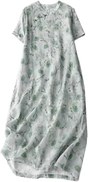 Womens Flowy Floral Crewneck Midi Dress Elegant Shift Dress Cheongsam Dress Summer Maternity Wedding Guest Vacation Dresses