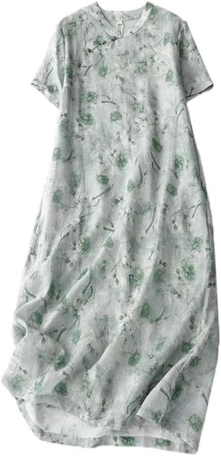 Womens Flowy Floral Crewneck Midi Dress Elegant Shift Dress Cheongsam Dress Summer Maternity Wedding Guest Vacation Dresses