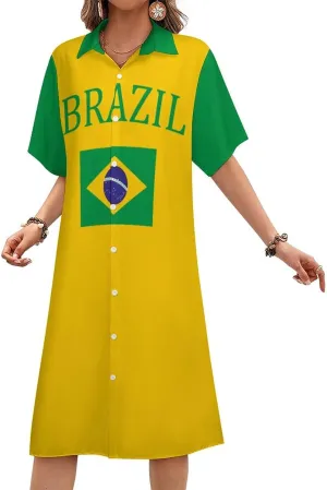 Women's Hawaii Flag Shirt Dress Collar V-Neck Button Down Simple Short Sleeve Long Dresses
