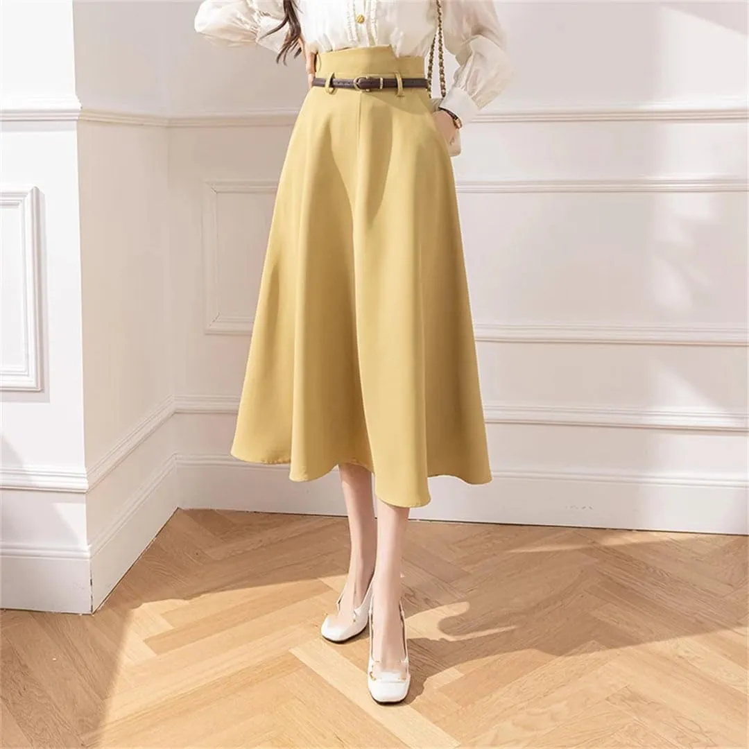 Women's Irregular High Waist A-Line Skirts Solid Color Elegant Casual Office Lady Mid Length Skirt