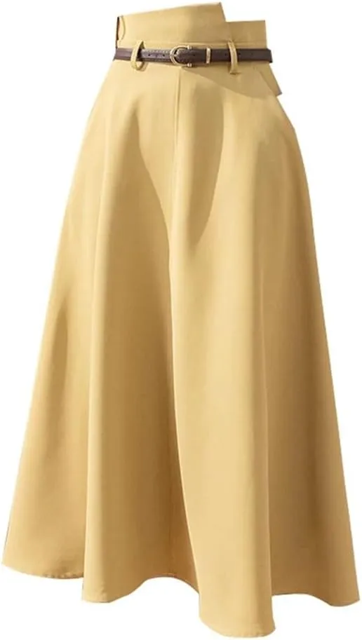 Women's Irregular High Waist A-Line Skirts Solid Color Elegant Casual Office Lady Mid Length Skirt