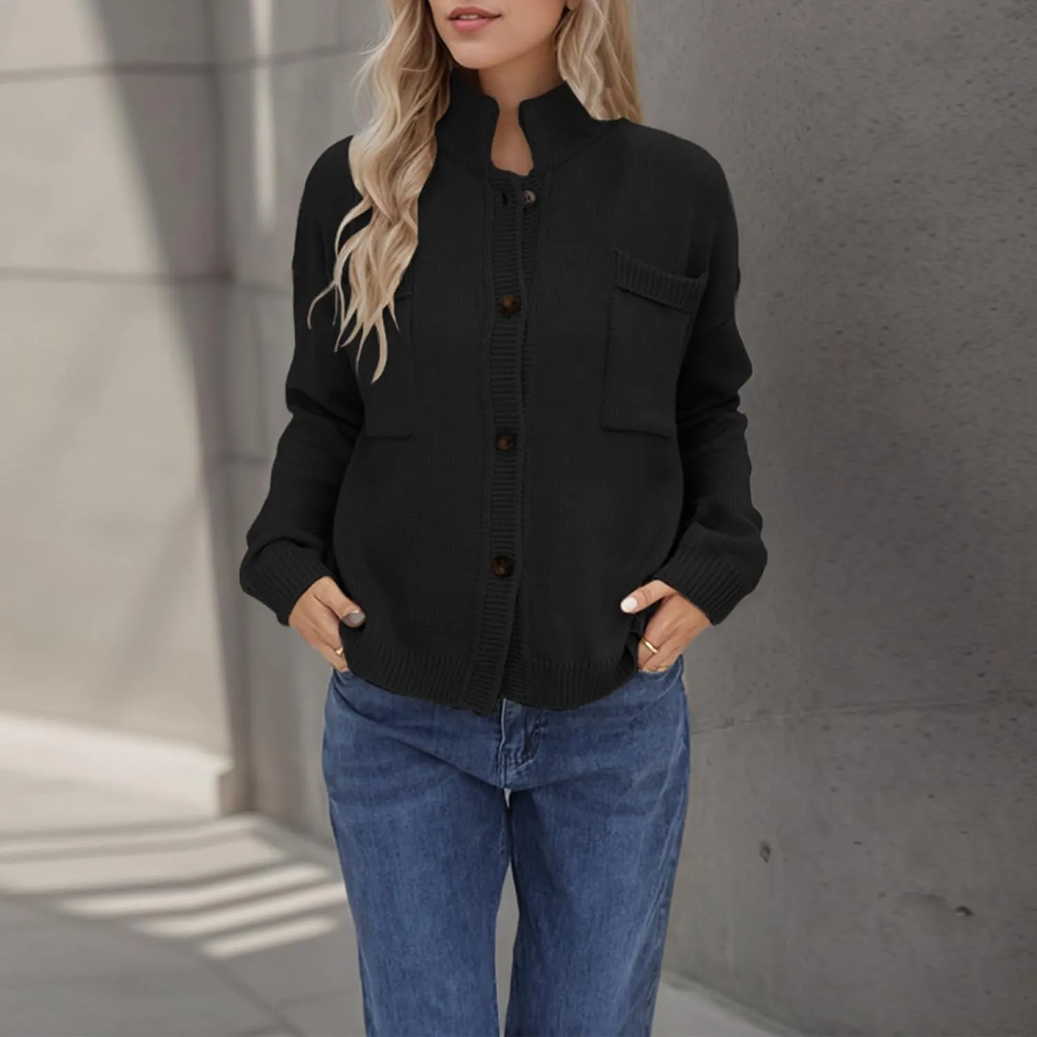 Women's Knitted Cardigans Sweaters Stand Collar Button Sweater Coat Open Front Cardigans Pullover Lightweight Outwear