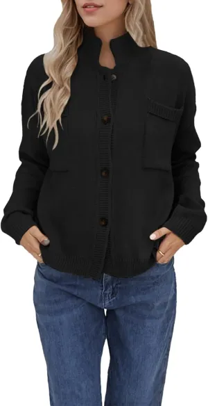 Women's Knitted Cardigans Sweaters Stand Collar Button Sweater Coat Open Front Cardigans Pullover Lightweight Outwear