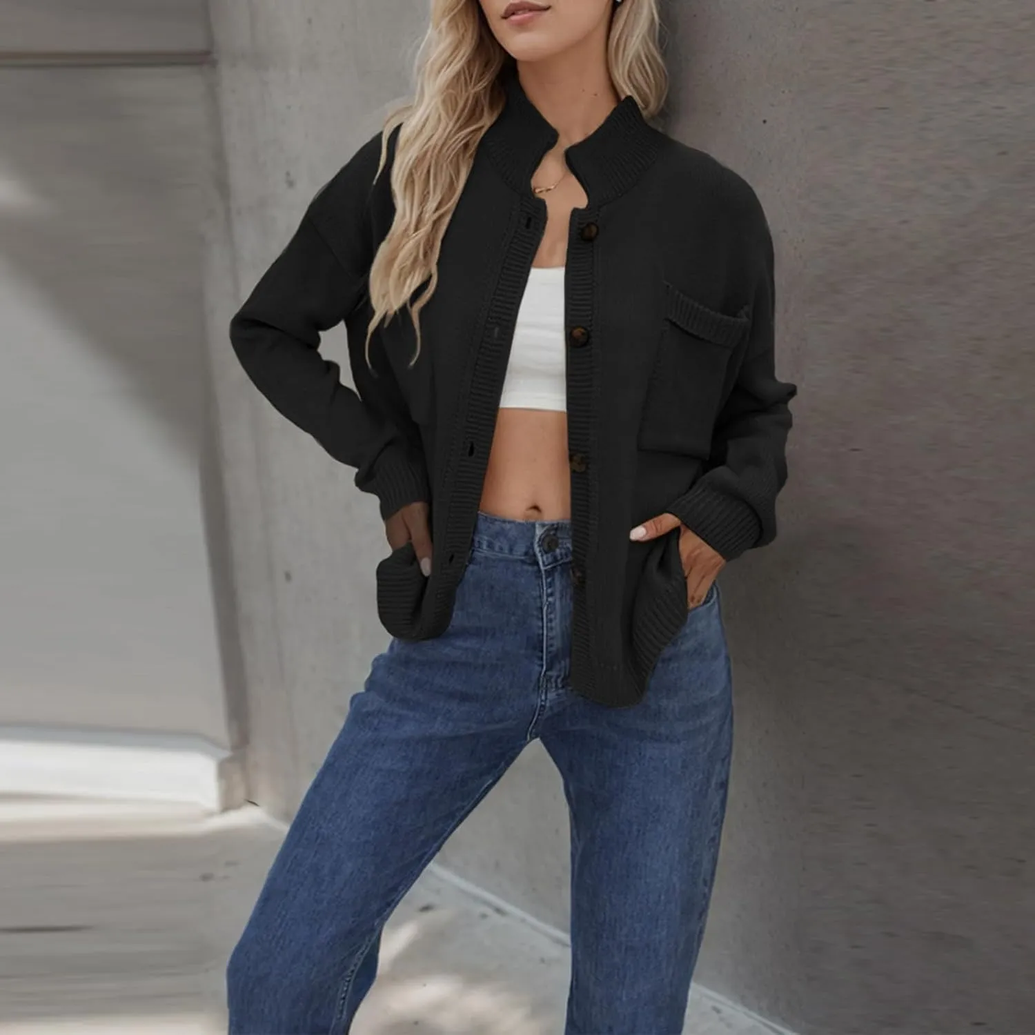 Women's Knitted Cardigans Sweaters Stand Collar Button Sweater Coat Open Front Cardigans Pullover Lightweight Outwear